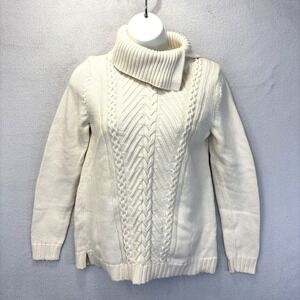Talbots Cable Knit Sweater Womens P PXS Petite White Turtleneck Pullover Cozy